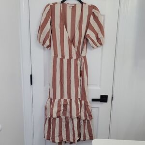 Orange Ruffled Tiered Midi Dress with Puff Sleeves